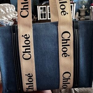 Denim Shiny Calfskin Medium Woody Ribbon Tote 💯 Authentic